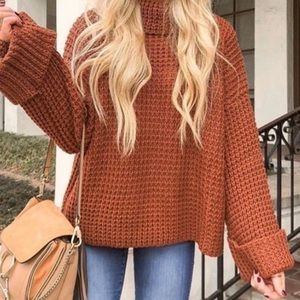 Goodnight Macaroon rust turtleneck cozy sweater